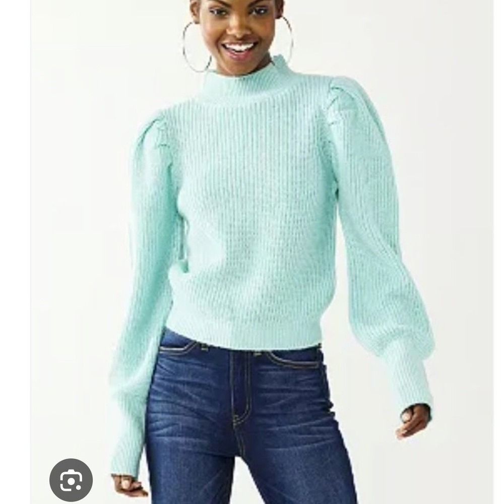 SO Juniors Mock Neck Puffed Sleeve Ribbed Knit Sweater Light Aqua Size M